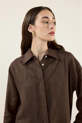 %100 Keten Parçalı Gömlek Acı kahve