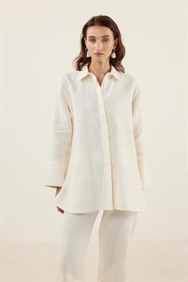 %100 Keten Parçalı Gömlek Ekru