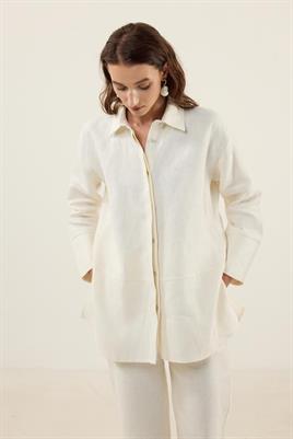 %100 Keten Parçalı Gömlek Ekru