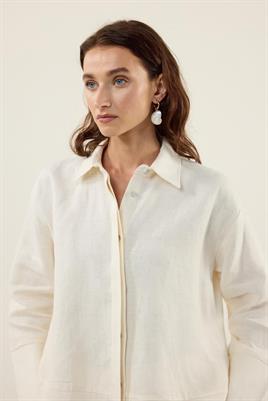 %100 Keten Parçalı Gömlek Ekru