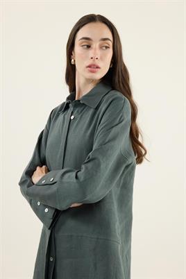 %100 Keten Parçalı Gömlek Koyu yeşil