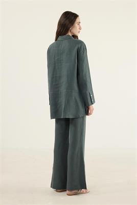 %100 Keten Parçalı Gömlek Koyu yeşil