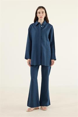 %100 Keten Parçalı Gömlek Lacivert
