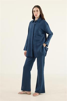 %100 Keten Parçalı Gömlek Lacivert