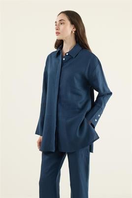 %100 Keten Parçalı Gömlek Lacivert