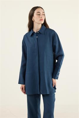 %100 Keten Parçalı Gömlek Lacivert