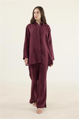 %100 Keten Parçalı Gömlek Mürdüm