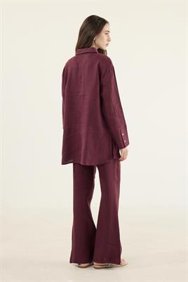 %100 Keten Parçalı Gömlek Mürdüm