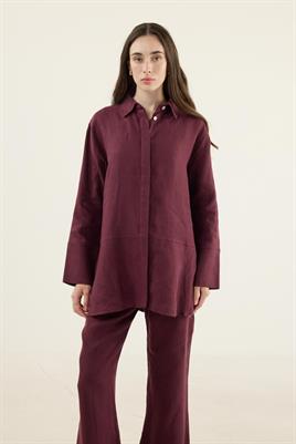 %100 Keten Parçalı Gömlek Mürdüm