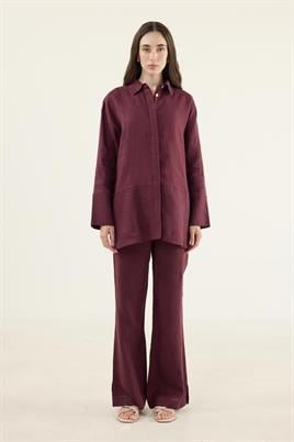 %100 Keten Parçalı Gömlek Mürdüm