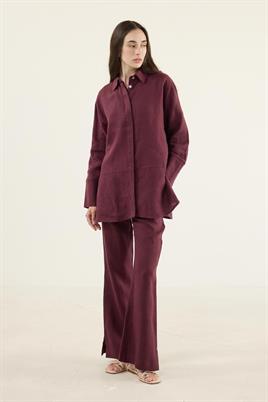 %100 Keten Parçalı Gömlek Mürdüm