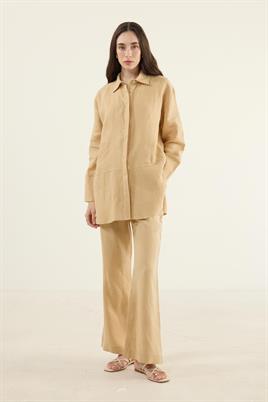 %100 Keten Parçalı Gömlek Sarı