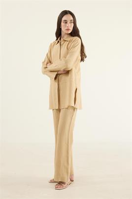 %100 Keten Parçalı Gömlek Sarı