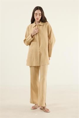 %100 Keten Parçalı Gömlek Sarı