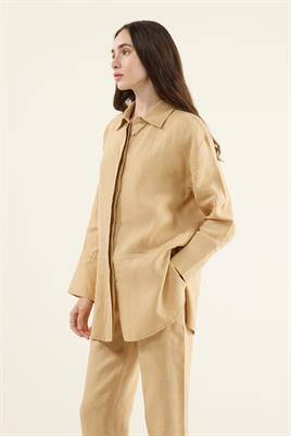 %100 Keten Parçalı Gömlek Sarı