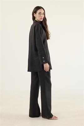 %100 Keten Parçalı Gömlek Siyah