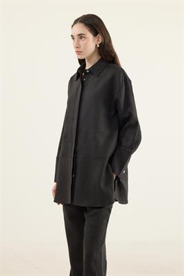 %100 Keten Parçalı Gömlek Siyah