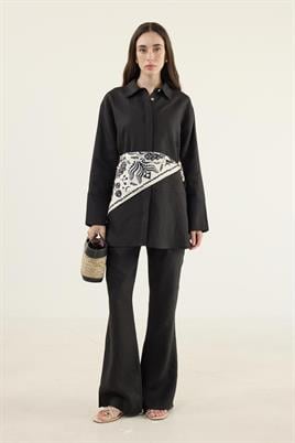 %100 Keten Parçalı Gömlek Siyah