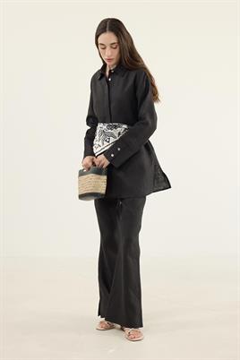 %100 Keten Parçalı Gömlek Siyah