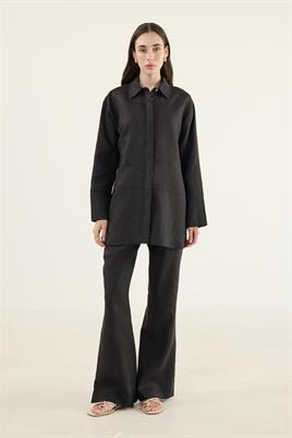 %100 Keten Parçalı Gömlek Siyah