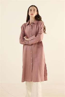 %100 Keten Parçalı Tunik Gül kurusu