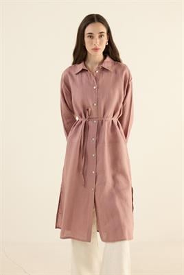 %100 Keten Parçalı Tunik Gül kurusu