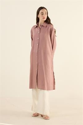 %100 Keten Parçalı Tunik Gül kurusu