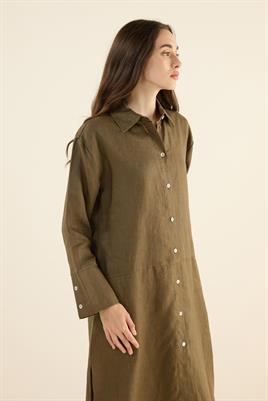 %100 Keten Parçalı Tunik Haki