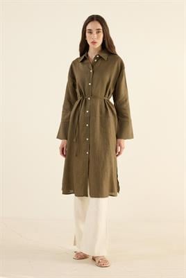 %100 Keten Parçalı Tunik Haki