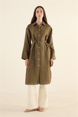 %100 Keten Parçalı Tunik Haki