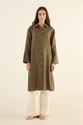 %100 Keten Parçalı Tunik Haki