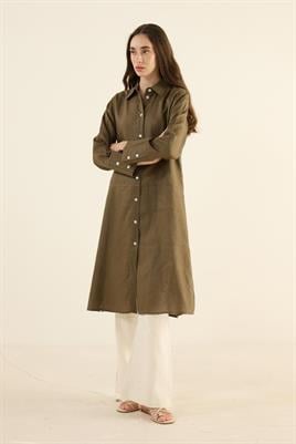 %100 Keten Parçalı Tunik Haki