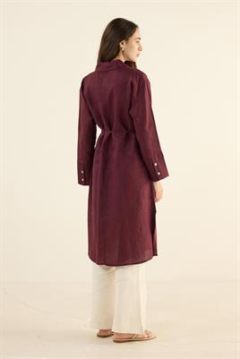 %100 Keten Parçalı Tunik Koyu Bordo