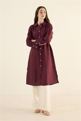 %100 Keten Parçalı Tunik Koyu Bordo