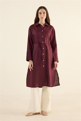 %100 Keten Parçalı Tunik Koyu Bordo