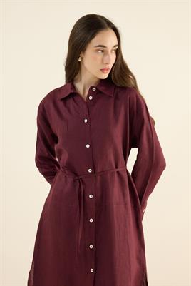 %100 Keten Parçalı Tunik Koyu Bordo