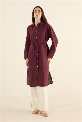 %100 Keten Parçalı Tunik Koyu Bordo