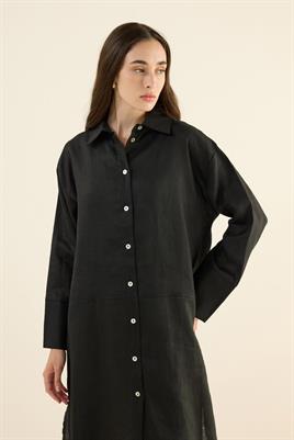 %100 Keten Parçalı Tunik Siyah
