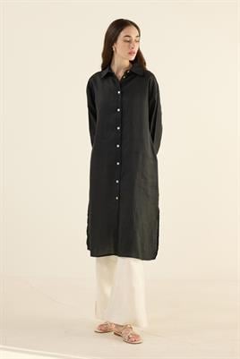 %100 Keten Parçalı Tunik Siyah