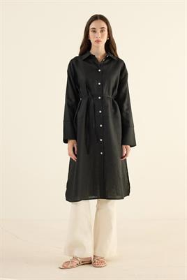 %100 Keten Parçalı Tunik Siyah