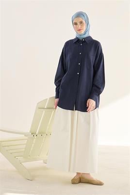 %100 Pamuk Uzun Beyaz Etek, Lacivert Gömlek, Jazz Şal Kombin