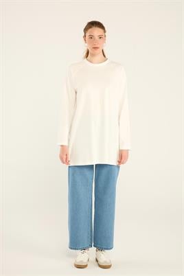%100 Pamuk Uzun Kol Tshirt Ekru