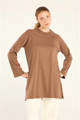 %100 Pamuk Uzun Kol Tshirt Kahverengi