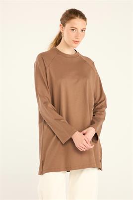 %100 Pamuk Uzun Kol Tshirt Kahverengi