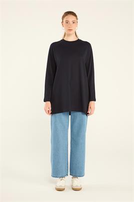 %100 Pamuk Uzun Kol Tshirt Lacivert