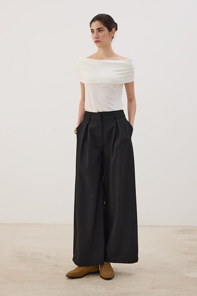 A Pileli Palazzo Pantolon Siyah