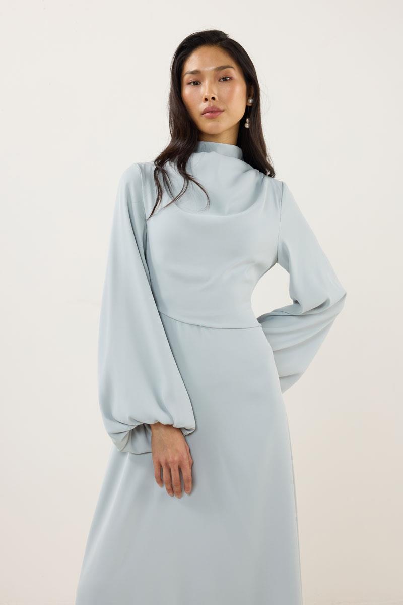 Degaje Yaka Abiye Elbise Su Yeşili