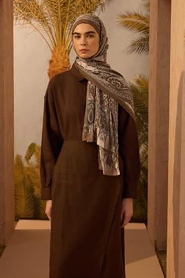 Acı Kahve %100 Keten Gömlek, Kalem Etek, Etnik Şal Kombin