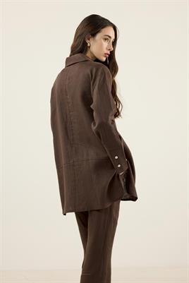 Acı Kahve %100 Keten Parçalı Gömlek, Flare Pantolon Takım