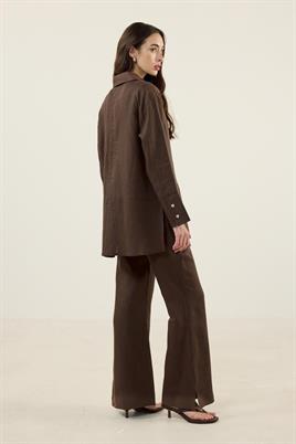 Acı Kahve %100 Keten Parçalı Gömlek, Flare Pantolon Takım